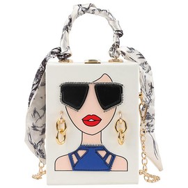 Novelty Unique 3D Lady Face PU Leather Top Handle Satchel Handbags for Women Funky Tote Purse Hobo Crossbody Shoulder bags (Chain White)