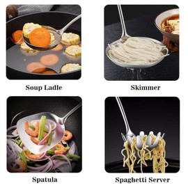 NIITAWH Kitchen Utensils Set Stainless Steel, 6 Pcs Professional All Metal Cooking Utensils Set, Wok Spatula, Ladle, Skimmer, Slotted Spatula Turner, Spaghetti Spoon, Large Spoon