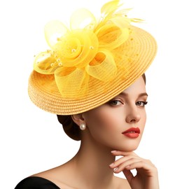 DRESHOW Mesh Women's Flower with Pearl Feather Fascinators Hat on a Headband and a Forked Clip Cocktail Tea Party Headpiece for Girls & Women Noble Kentucky Hat, 19-Yellow, Unit size