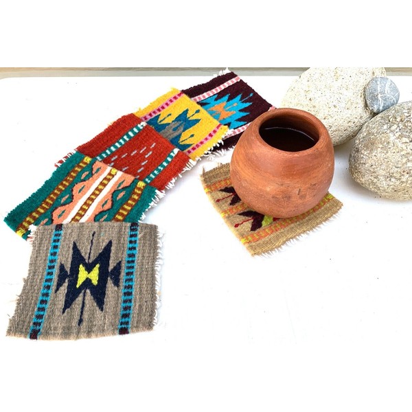 Zapotec Oaxacan 5"x6" Hand Woven Vibrant Geometric Set of 6 Weaving Coasters