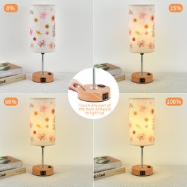 Woderdeng Flower Touch Table Lamp,3-Way Dimmable Bedside Lamps with USB Port and Outlet,Cute Lamp with Wood Grain Base,Vintage Lamp for Bedroom,Dormitory,Room Decor,flower2