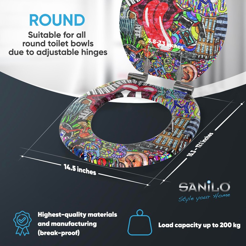 SANILO Wooden Toilet Seat with Soft Close [ROUND] - Decorative,