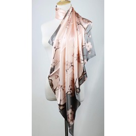 vabovin 35" Satin Square Bandana, Silk Like Head Scarf for Hair Wrapping, Large Neckerchief Women's Fashion Accessory (Pale Pink Plum Blossom)