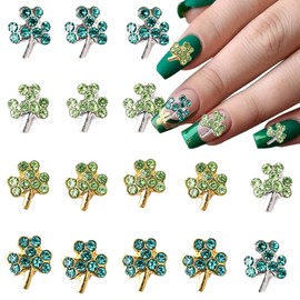 16Pcs Shamrock Nail Charms for Nails 3D Alloy Lucky Clover Nail Art Charms Gold Silver Green Shamrock Nail Rhinestones St.Patrick's Day Nail Gems Decoration Supplies for Women