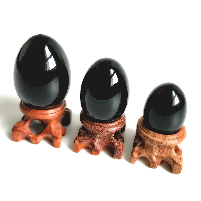 Black Obsidian Gemstone Egg Sphere with Wooden Stand for Healing