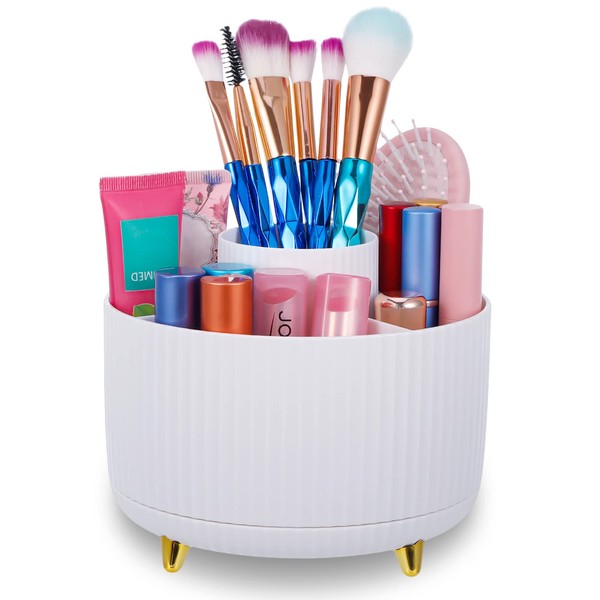 Rotating Makeup Organizer, 360° Spinning Make up Stand, 5 Slot Makeup Brushes Cup and Pencil Pen Holder, for Vanity Decor, Bathroom Countertops, Desk Storage Container, Cosmetic Display Cases(White)