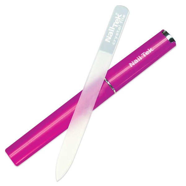Nail Tek Crystal File Double-Sided with Fuchsia Companion Case, Medium File 5", Professional Fingernail File for Manicure Pedicure, Keep Nails Trim and Smooth, No More Nail Jagged Edges