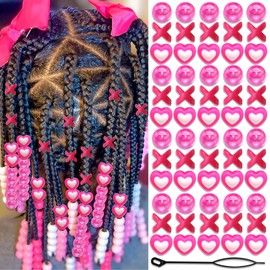 VENOFEN 60PCS Pink Heart Hair Beads for Braids AB Color Round Loc Dreadlock Bead Hair Jewelry 3 Styles Bead Accessories Cute Acrylic Hair Decorations for Kids Girls