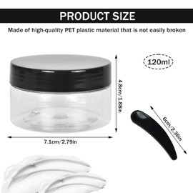 6Pcs 120ml Clear Plastic Jars with 3Pcs Mini Spatulas, Refillable Mini Clear Storage Containers with Airtight Black Lids, Small Plastic Storage Jam Jars, for DIY Crafts, Spices, Ointments, Makeup