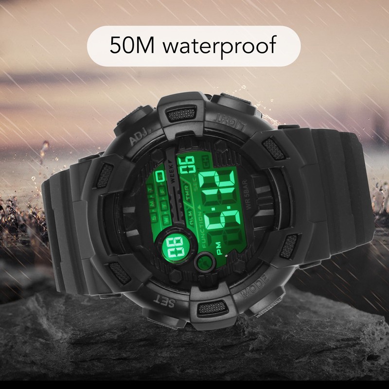Men Dual Time Sports Watch Outdoor Waterproof PU Strap Digital