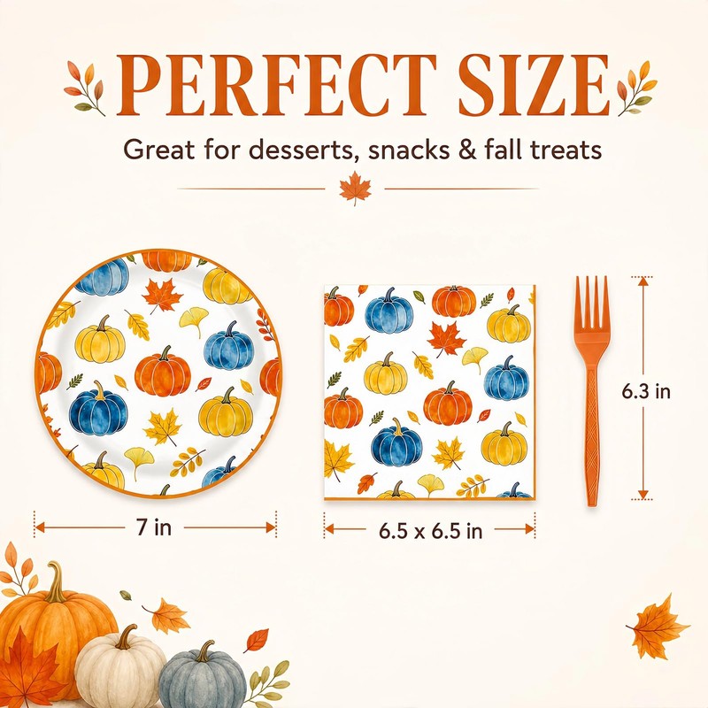 72Pcs Fall Paper Plates and Napkins Set, Autumn Pumpkin Dessert
