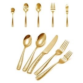 Flatasy Flatware Set Gold Hammered 45 Pieces Stainless Steel Cutlery Set Silverware Serving Set Service for 8Home Event Use Wedding Housewarming Gift