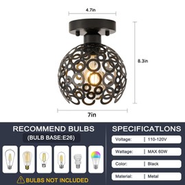 PAFEE Modern Black Metal Cage 7" 1-Light Semi Flush Mount Ceiling Fixture with E26 Base - Ideal for Small Spaces, Hallway, Porch, Bedroom, Kitchen & Entryway Foyer