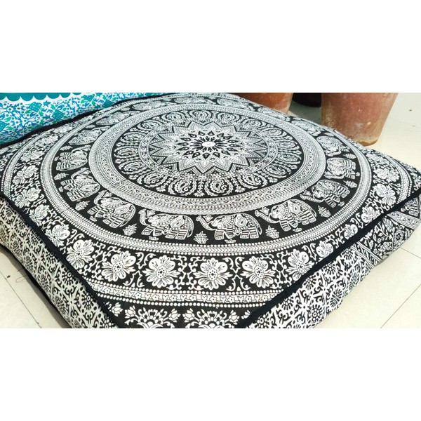 24" Black White Elephant Flower Mandala Mandala Barmeri Large Floor