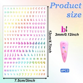 8 Sheets Tiny Letter Stickers 3mm/0.12" Colorful Adhesive Mini Letter Stickers for Scrapbooking, Alphabet Sticker Small Plastic Glitter Small Alphabet Sticker for Nail Art Manicure DIY Decoration