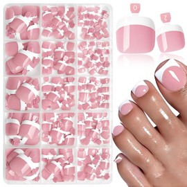 240pc White French Tip Press on Toenails Women Fake Toe Nail Kit, Pink Toe Nails Press ons Nail Short Square Glue Toenail Acrylic Toes Nails Tips French Fake Toenail Tip Stick False Toes for Feet