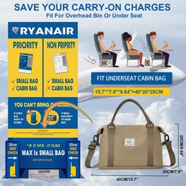 for Ryanair Airlines Underseat Cabin Bag 40X20X25 Weekend Overnight Bags for Women Carry on Bag Holdall Travel Duffel Bag Sport Duffel Bag with Wet Bag Gym Tote Bag Mum Hospital Bag,F11-Khaki