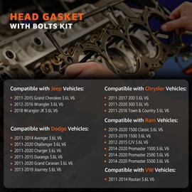 3.6 Head Gasket Set w/Bolts 2011-2016 for Jeep Grand Cherokee Wrangler, 2011-2020 for Dodge Avenger Challenger Charger Journey for Chrysler 200 300 Ram 1500 2500 3.6L Pentastar V6 HS26541PT ES72467