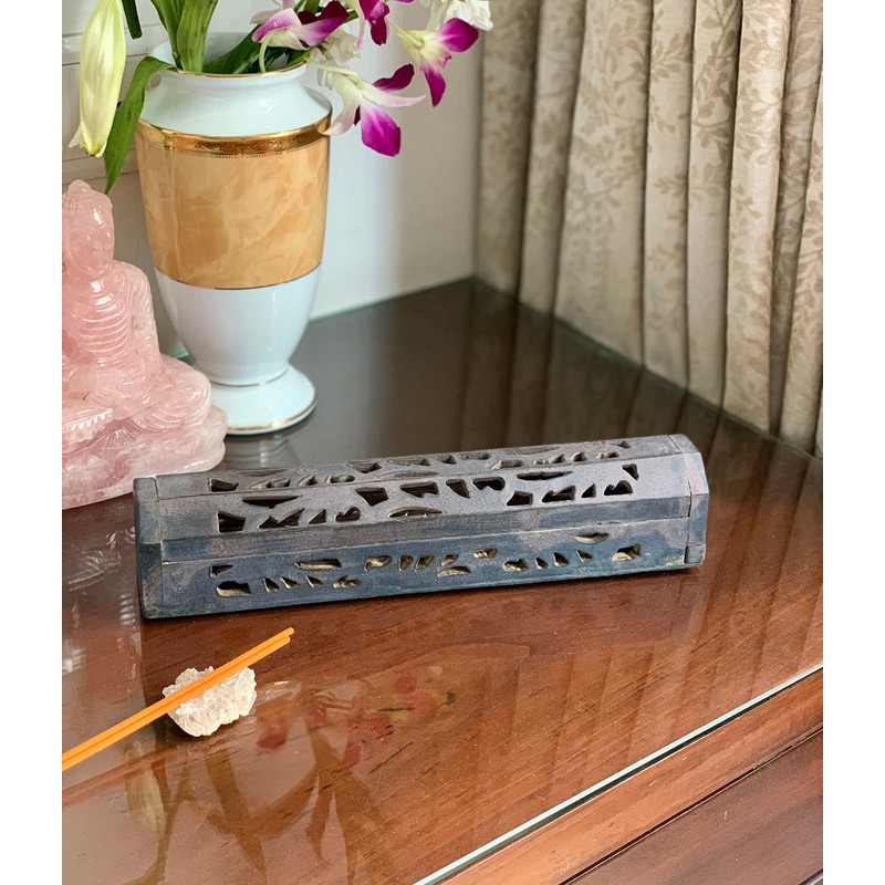 Wooden Incense Holder Cone Burner Coffin with Storage Compartment Organic