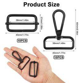 Pack of 20 Rotating Carabiner Hooks for Bags, 38 mm Metal Sliding Buckle, Bag Accessories for Sewing, Rectangular Rings Carabiner Hooks, Swivel Bag Carabiner Set for DIY Bag Straps, Crafts, black