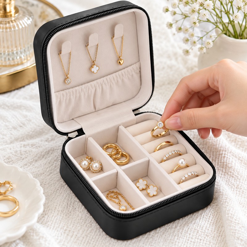 Travel Jewelry Organizer for Rings & Necklaces – Compact Leather