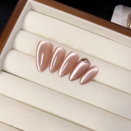 BIBII Nails Handmade Nail Tip, 3D Nails, Floral Pattern, Spring & Summer, Korea, Popular, Almond, 10 Pieces, Long Pink, Cat Eye, Magnet, 100% Handmade Nails for Easy Installation, Reusable, Glossy,