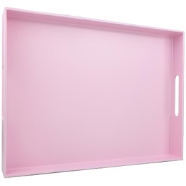 SforGUVA Pink Serving Tray for Coffee Table, Rectangular Plastic Decorative Tray with Handles for Entertaining, Outdoor Patio, Living Room, Ottoman, Bathroom Counter, 11.8”*15.7”*1.6”