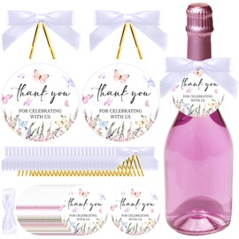 Diartpaint 50 Set Butterfly Champagne Bottle Tags for Wedding Thank You Wine, Thank You Labels with Twist Tie Bows and Ribbon for Baby Bridal Shower, Birthday, Wedding, Party Supplies