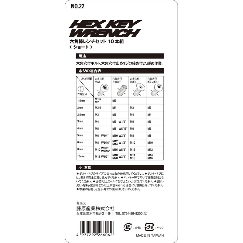 SK11 Hex Key Set of 10, No.22 mm B