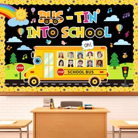 FYSUIMU 72 Pcs Back to School Bus Bulletin Board Decoration Set Yellow Bus-Tin Into School Photo Paper Cutouts with 150 Pcs Glue Points for DIY Crafts Classroom Party