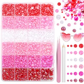Pink Red Flatback Pearls for Crafting, 3/4/6/8mm Flatback Nail Pearls for Nails Art, Half Round ABS Hot Pink Color Red Pearl Beads Gems for Nails Art DIY Crafting Face Hair Manicure DIY