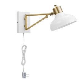 Globe Electric 51344 1-Light Plug-in or Hardwire Swing Arm Wall Sconce, White, Brass Accents, White Cloth Cord, Wall Lighting, Wall Lights for Bedroom, Kitchen Sconce Wall Lighting, Bulb Not Included