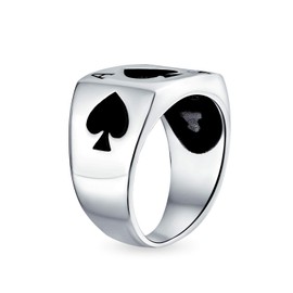 Personalize Good Luck Gambler Las Vegas Lucky Casino Playing Card Black Ace Of Spade Ring For Men Poker Player Two Tone Oxidized .925 Sterling Silver Customizable