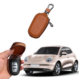 DWARFOO Car Key Case, Genuine Leather Auto Key Fob Cover Case, Car Key Chain Case Holder, Key Fob Protector with Metal Hook, Car Accessories Smart Key Holder Sleeve Universal for Trucks, Cars (Coffe)
