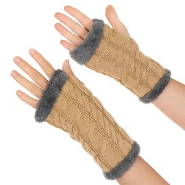 JK Home Fingerless Gloves for Women Winter Thermal Arm Warmers Thicken Plush Wrist Warmers Knitted Hand Warmers Gloves Mittens for Women Girls Working Running Biking Driving Camel