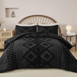 Tufted Comforter Set King Size,Black Boho Bed in Bag King,3 Pieces Geometric Fluffy Fall Comforters Embroidery Bedding Set Farmhouse Comforter Bed Set Shabby Chic
