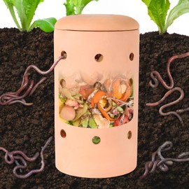 Underground Worm Farm Garden Red Pottery 11Inch vermicomposting Bin for use in Outdoor Gardening with Holes and Lid Outdoor Worm Compost Bin for Garden Beds & Home Use