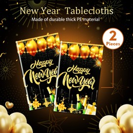 PHOGARY 2025 New Years Tablecloth, 2 Pack NYE Table Cloth for Happy New Year Table Decorations 2025, New Years Eve Party Supplies Disposable Black Gold New Year's Party Decor Table Covers 54 x 108