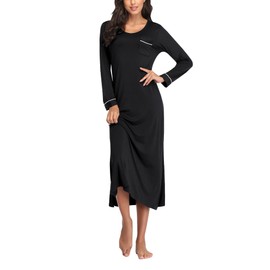 EA'S SECRET Nightgowns for Women Long Sleeve V Neck Nightshirts Soft Knit Sleepwear Full Length Loungewear with Pocket, Black, Large
