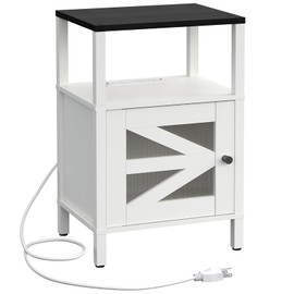 MAHANCRIS Farmhouse Nightstand with Charging Station, White Bedside Table with USB&Type-C Ports and Outlets, End Table with Storage, Acrylic Door, for Bedroom, White and Black ETBW97E01