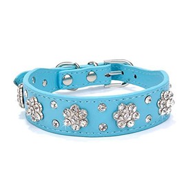 Haoyueer Cute Flower Rhinestone Dog Collar, Bling Collar PU Leather, Adjustable Sizes S (8-10.5 inch / 21-27cm), M (10-12.5 inch / 26-32cm), L (12-14.5 inch / 31-37cm), Blue