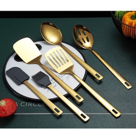 Gold Cooking Spoons, Berglander Stainless Steel 6 Pieces Kitchen Utensils Set with Titanium Gold Plating, Kitchen Tools Set, Cooking Utensil Set, Dishwasher Safe, Easy to Clean