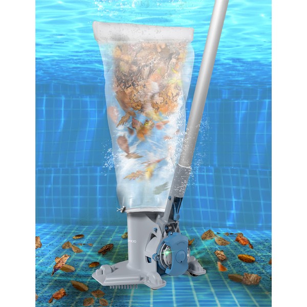 2023 KOKIDO Rechargeable Pool Leaf Vacuum with Pole, 5X Suction, Deep Clean, Heavy Duty 1.72gal Debris Bag, Sand and Leaf Vacuum, Inground and Above Ground Pool Vacuum, Work 75 Mins, XTROVAC 410