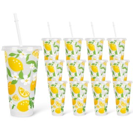 JarThenaAMCS 12Pcs Lemon Plastic Cups with Straw Lid Yellow Lemon Flower Tumbler Summer Cold Cups for Beverage Drinks Home Office Party Decoration