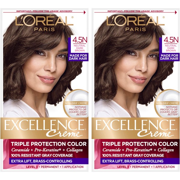 L'Oreal Paris Excellence Creme Permanent Hair Color, 4.5N Dark Neutral Brown, 100 percent Gray Coverage Hair Dye, Pack of 2