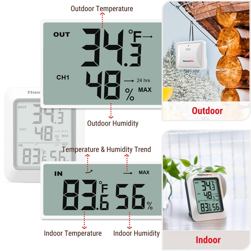 ThermoPro TP60-3 Digital Hygrometer Indoor Outdoor Thermometer Wireless Temperature and