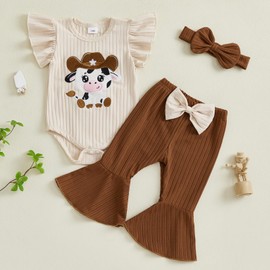 NKKLUYO Baby Girl Summer Clothes Newborn Girl Outfits Infant Romper Bow Bell Bottom Pants Baby Cowgirl Outfit (Cowgirl Khaki, 9-12 Months)