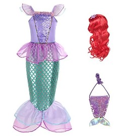 Timesun Mermaid Princess Ariel Costume, Dress, Fancy Dress with Wig, Cosplay, Party, Fancy Dress for Kids, Girls, Size 3-9 Years (Purple (with Hair Wig and Handbag), 100 cm