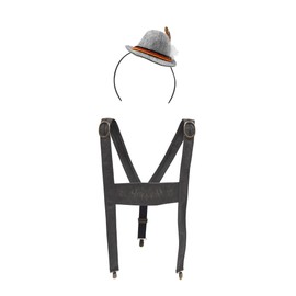 Gray Lederhosen Suspenders Mini Alpine Hat Headband German Oktoberfest Costume Set