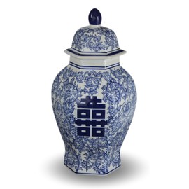 14" Classic Blue and White Porcelain Floral Temple Ginger Jar Vase, China Ming Style, Jingdezhen, Double Happiness